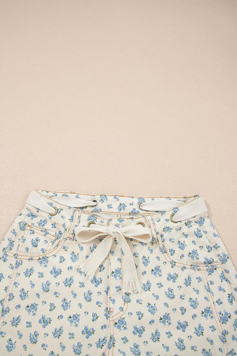 Grommet Knot Waist Floral Barrel Leg Jeans
