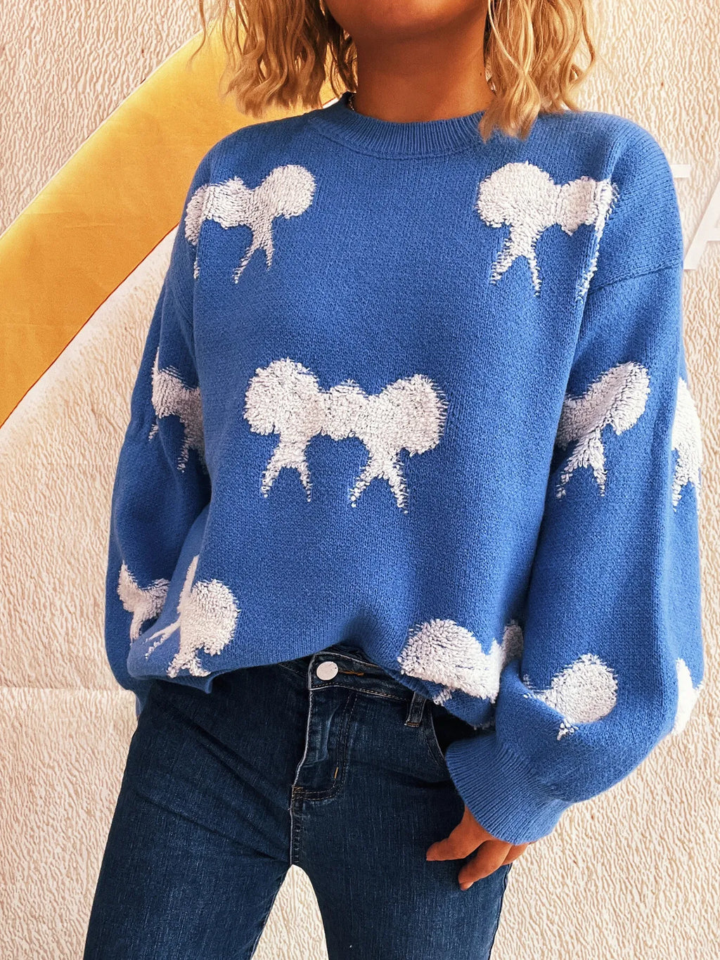 Bow Pattern Round Neck Sweater