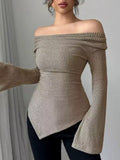Off-Shoulder Bell Sleeve Ribbed Blouse
