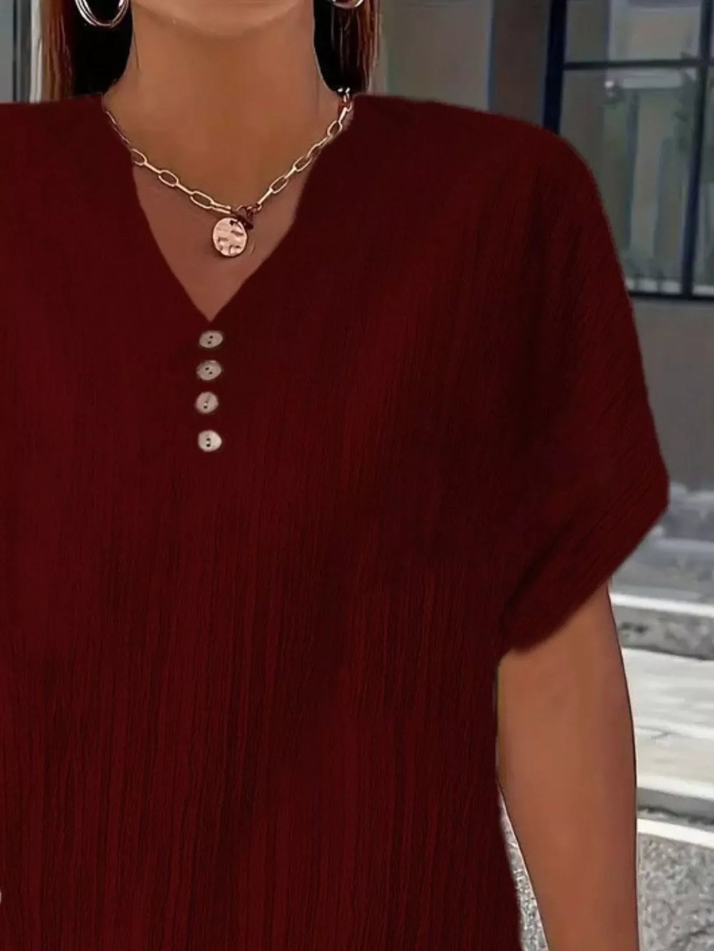 Plus Size Notched Short Sleeve Textured Top