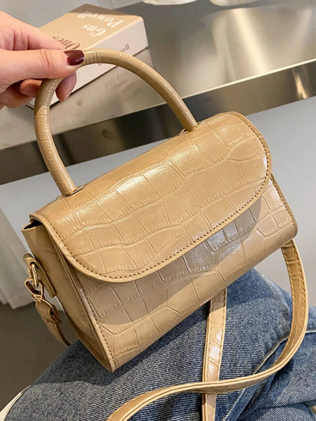 Crocodile Pattern Top Handle Crossbody Bag