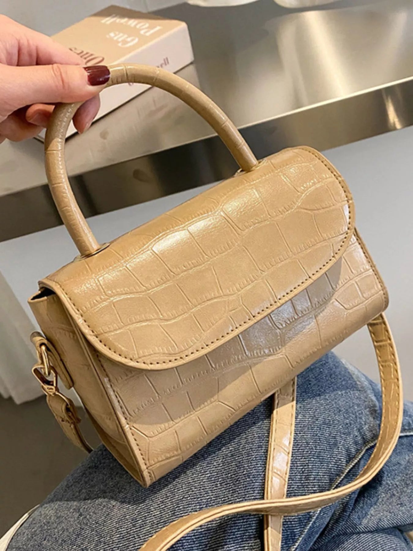 Crocodile Pattern Top Handle Crossbody Bag