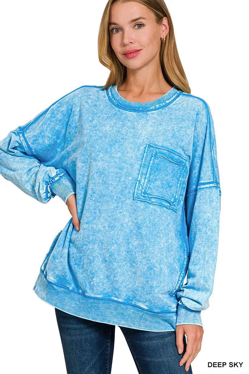 Zenana Acid Wash Raw Edge French Terry Sweatshirt with Front Pocket