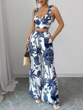Floral Print Crop Top and Wide Leg Pants Set