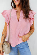 Stripe Frilly Split Neck Double Ruffled Short Sleeve Blouse