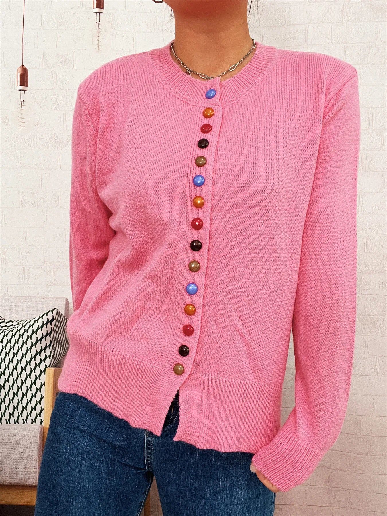 Button-Front Cardigan with Colorful Detail Buttons