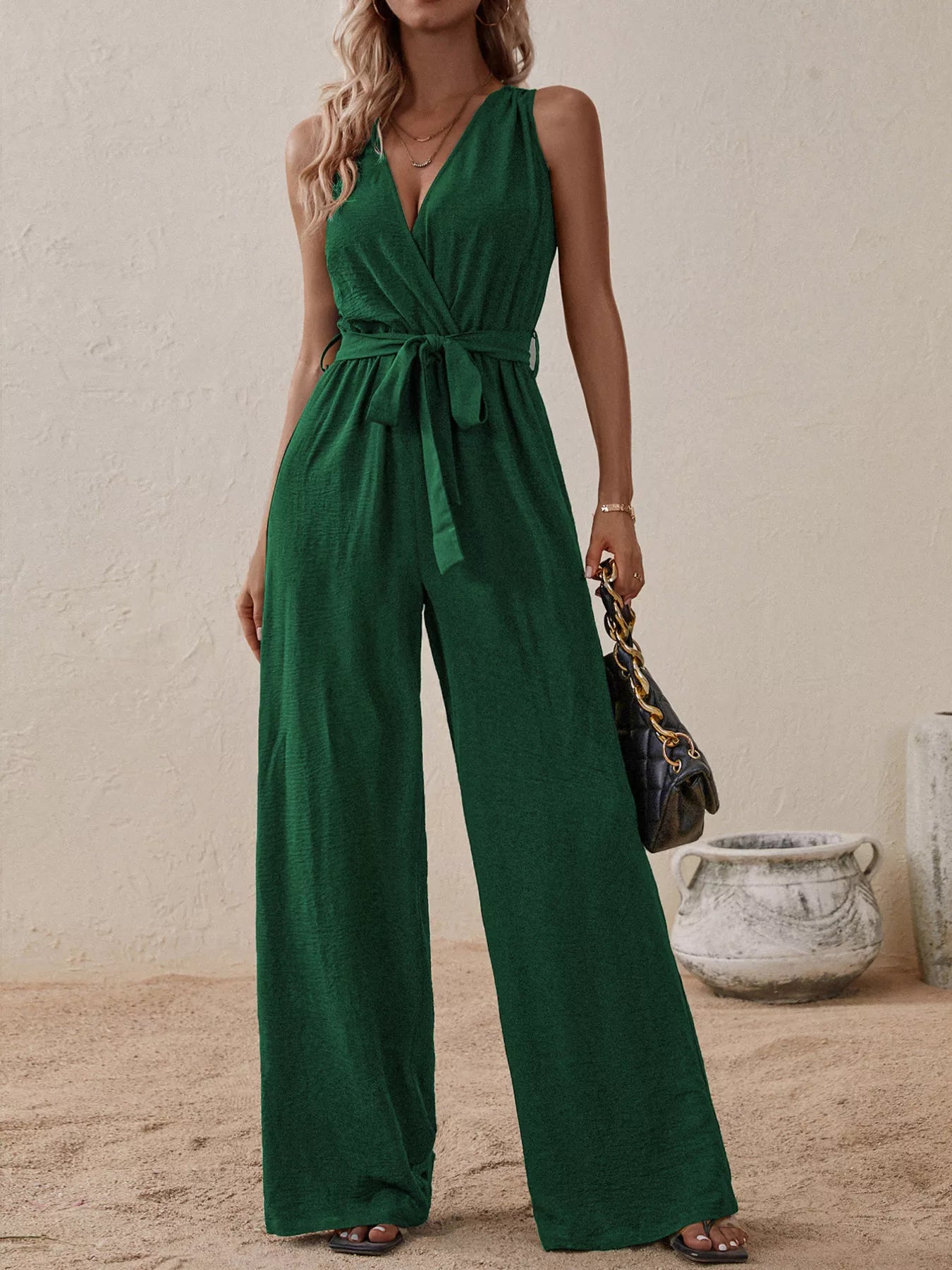 Sleeveless Tie Waist Wide Leg Jumpsuit