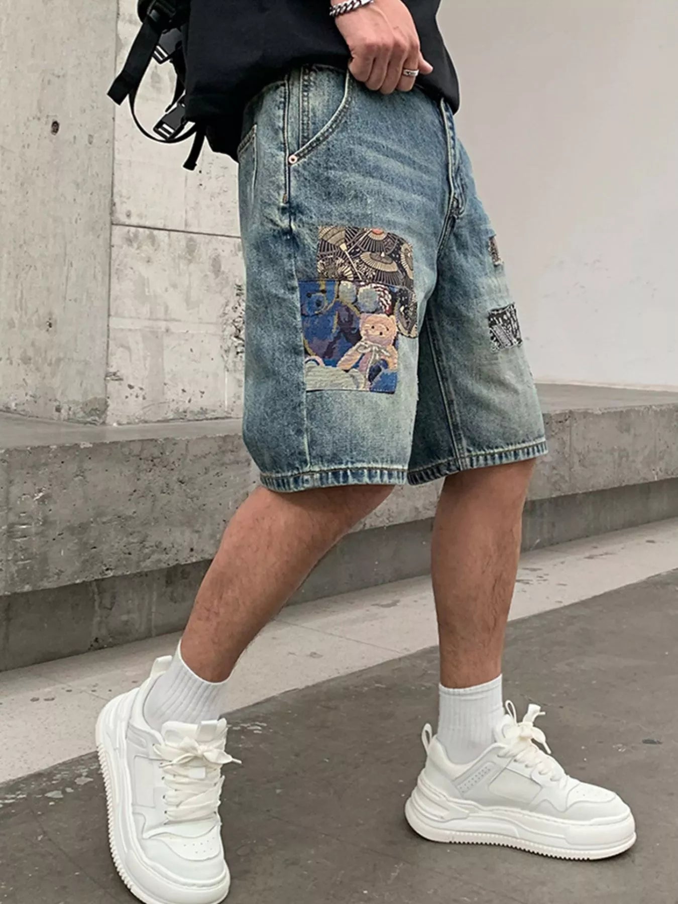 Men's Patchwork Graphic Denim Shorts