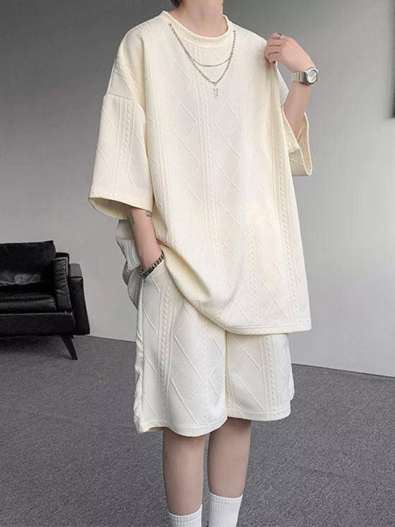 Men's Plus Size Textured Relaxed Fit Top and Shorts Set