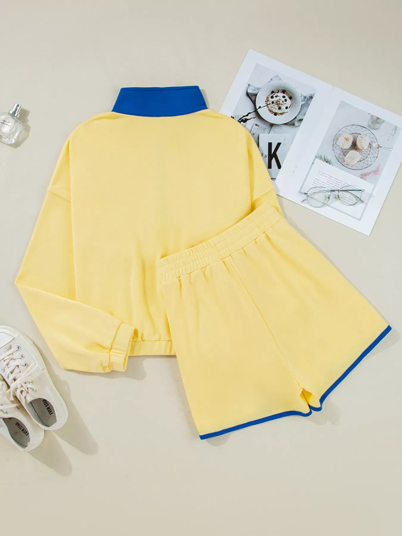 Color Block Patchwork Half Button Top and Shorts 2pcs Set