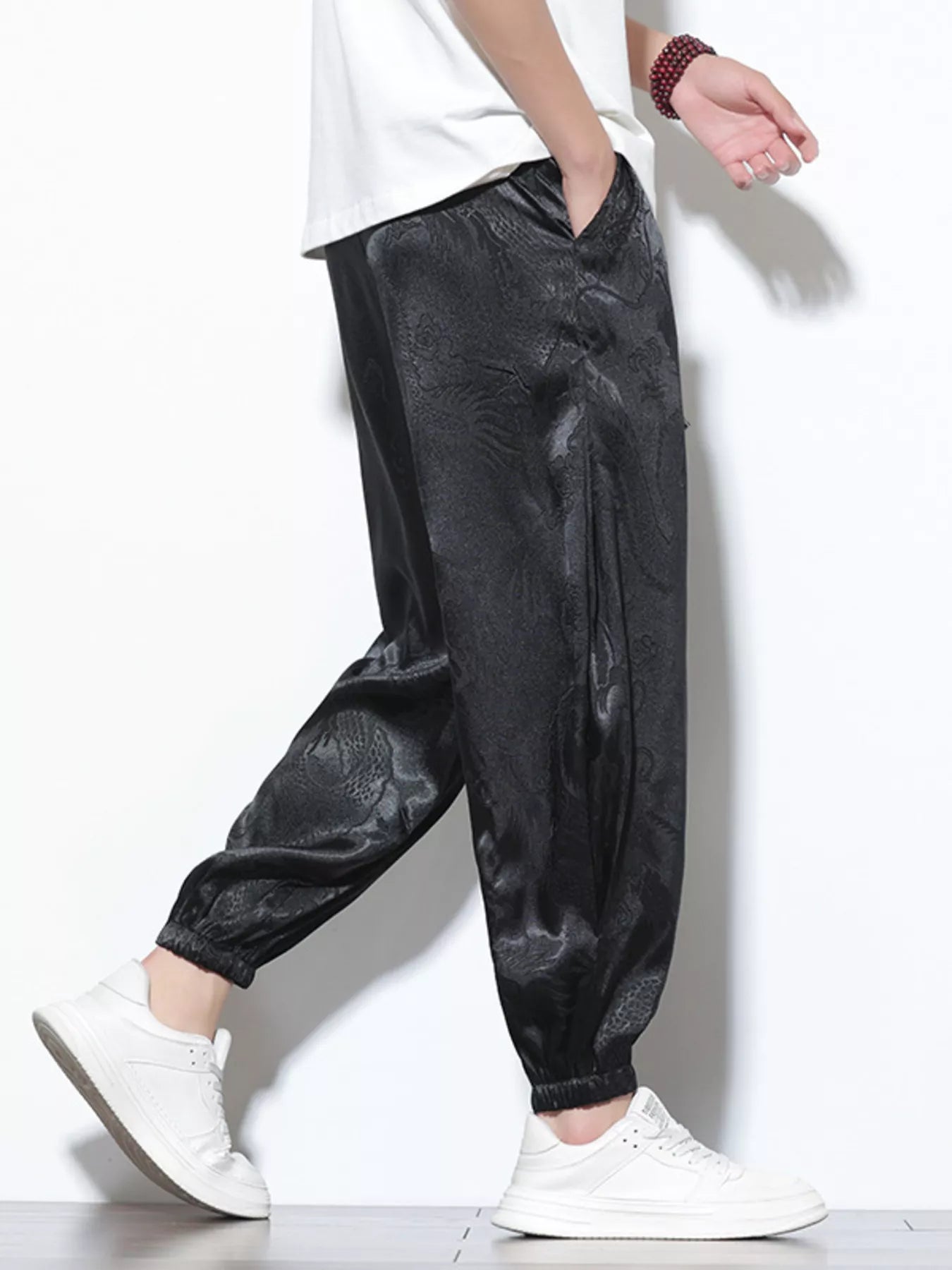 Men's Plus Size Dragon Pattern Silk Joggers