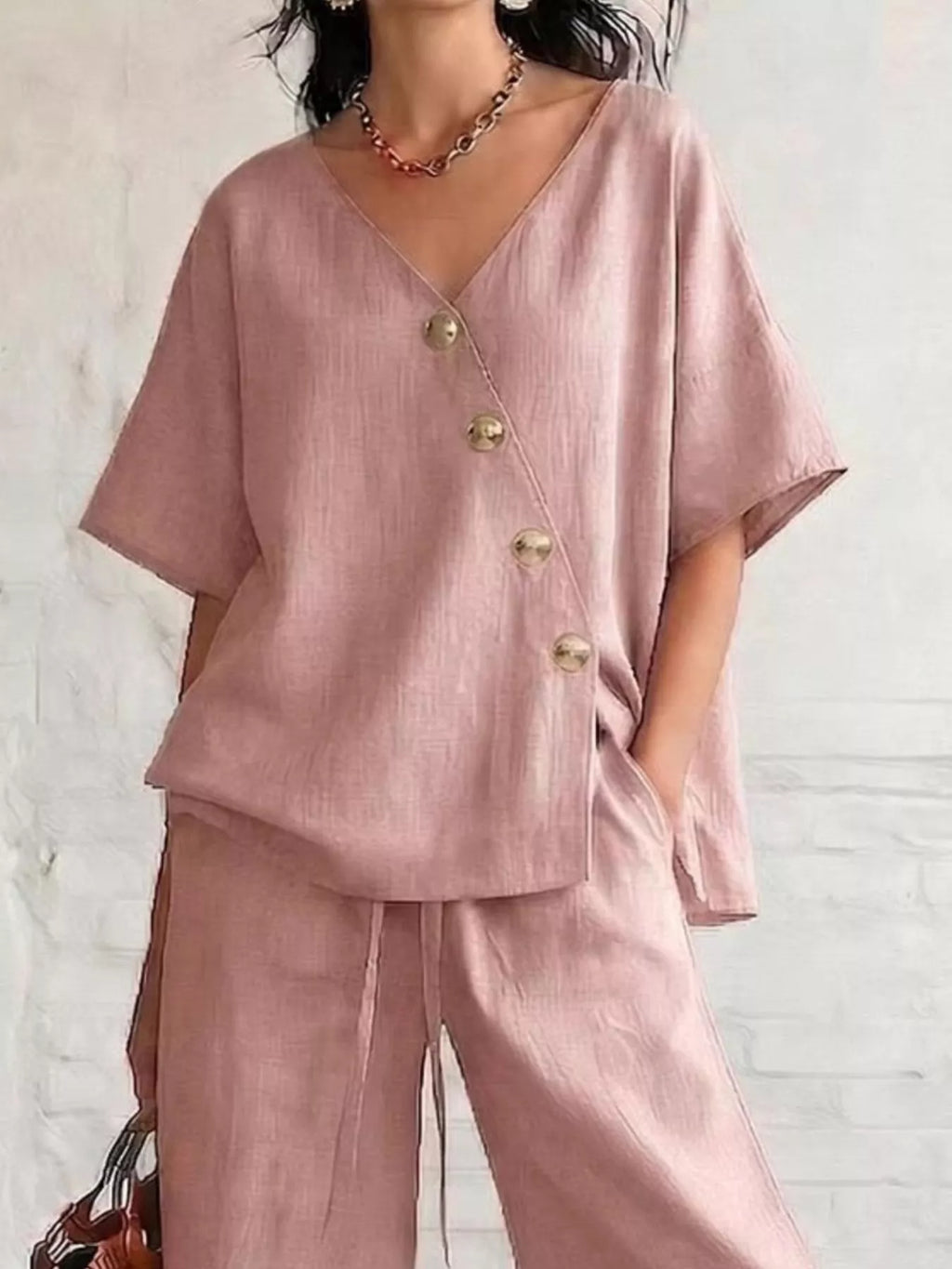 Full Size Surplice Half Sleeve Top and Wide-Leg Pants Set Plus Size