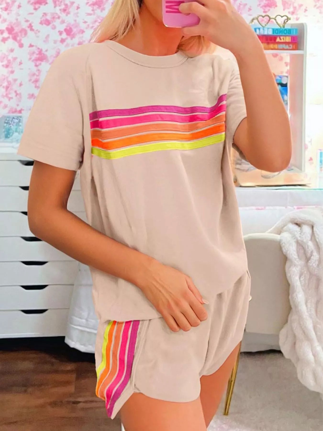 Rainbow Striped Round Neck Top and Shorts Set