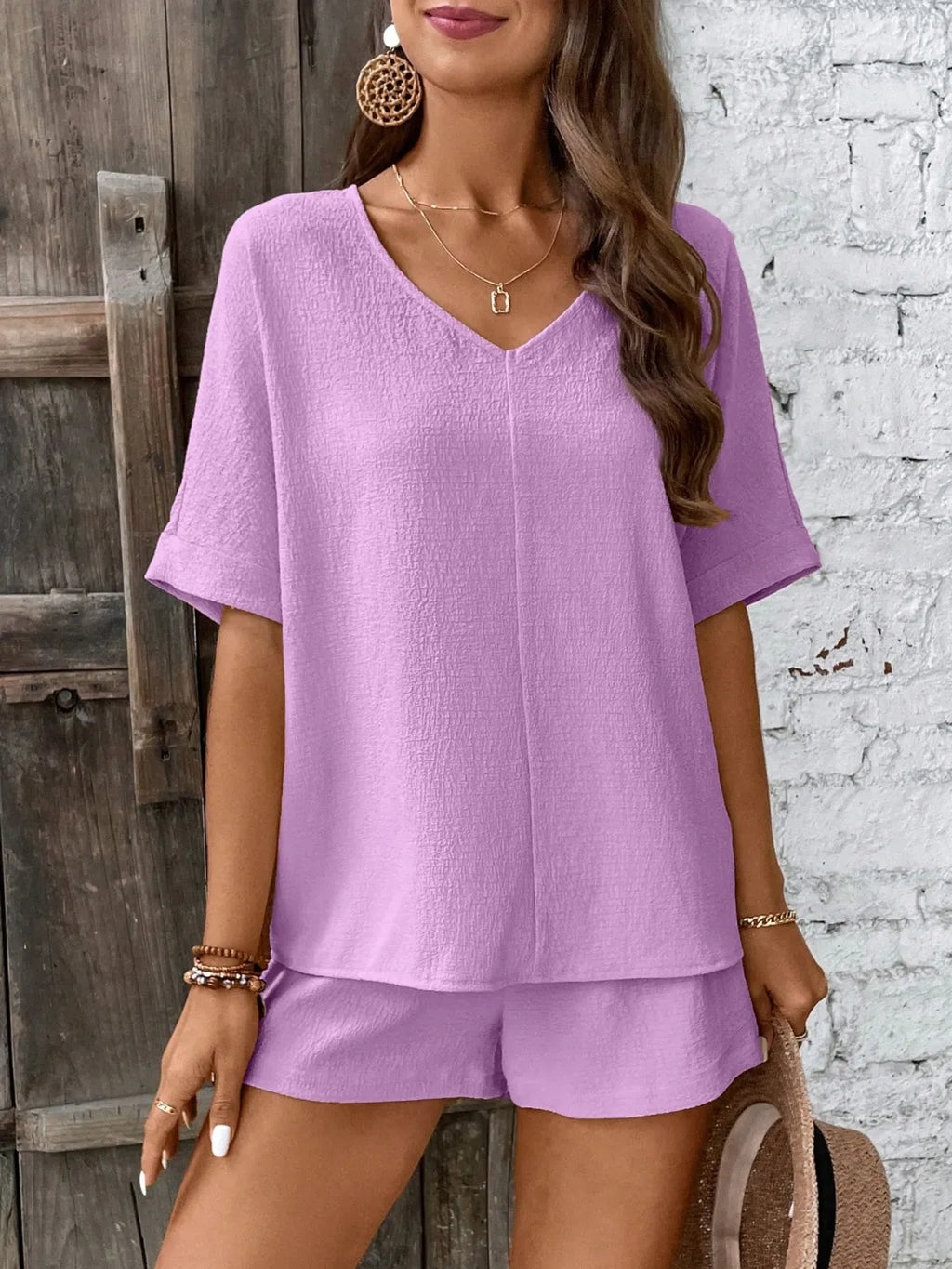 V-Neck Half Sleeve Top and Shorts Set