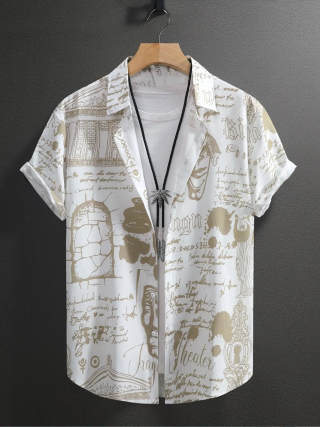Men's Vintage Art Print Short Sleeve Button-Up Shirt