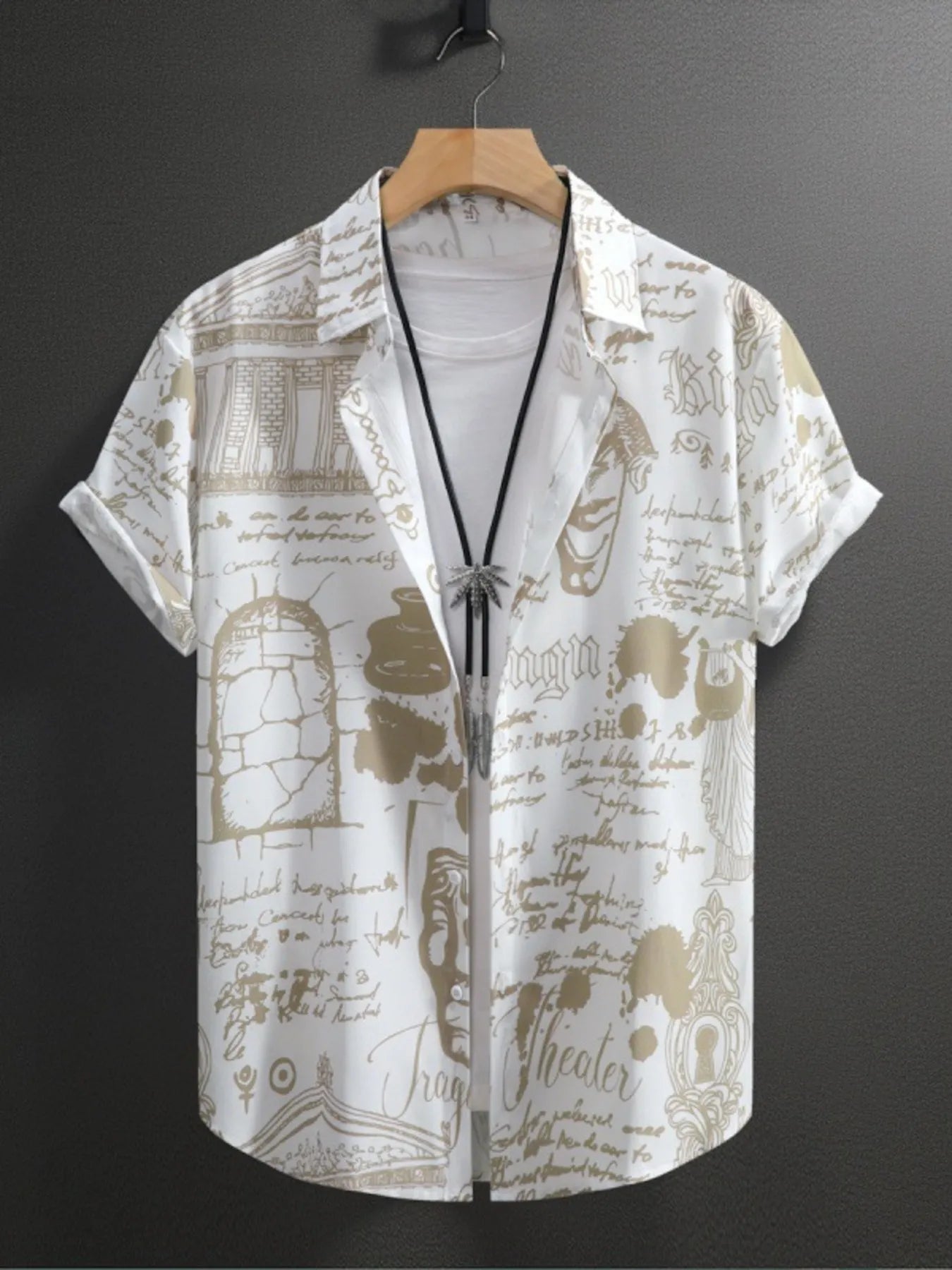 Men's Vintage Art Print Short Sleeve Button-Up Shirt