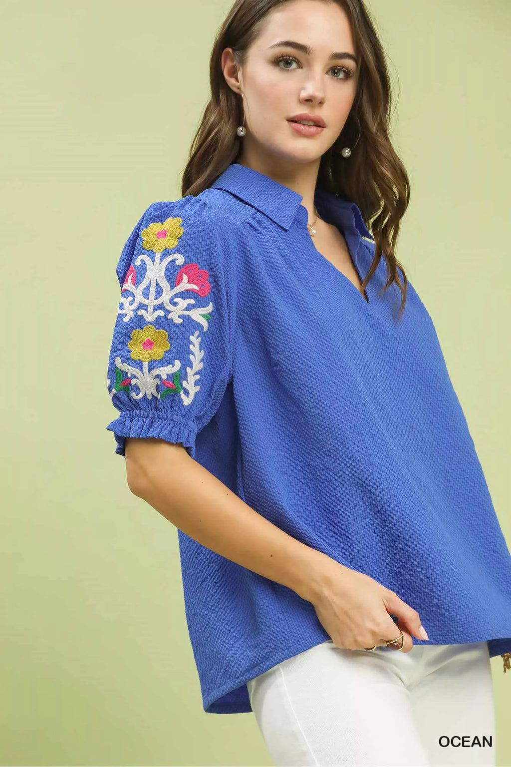 Umgee Seersucker Embroidered Sleeve Blouse