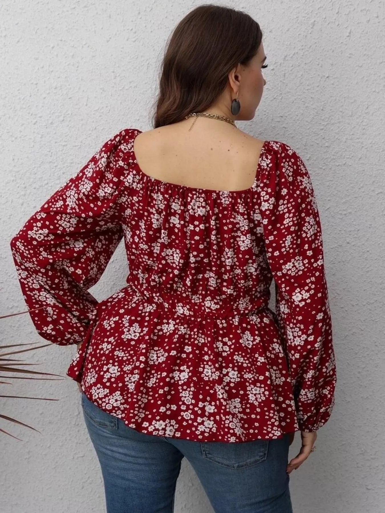 Floral Print Square Neck Long Sleeve Peplum Blouse