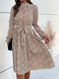 Animal Print Mock Neck Flounce Sleeve Dress
