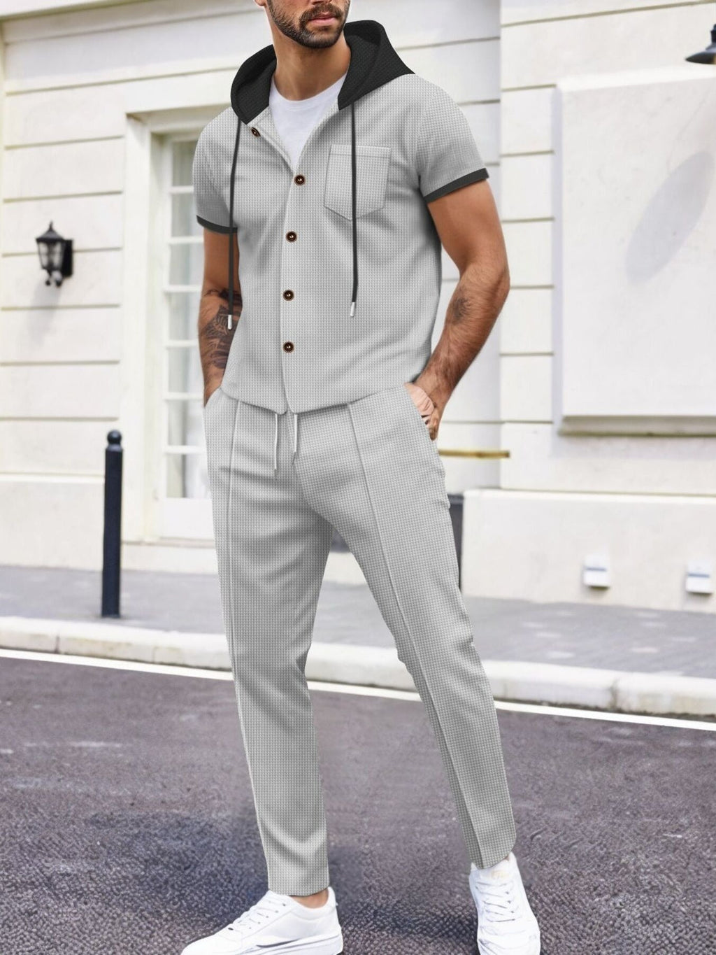 Men's Full Size Short-Sleeve Hooded Top and Shorts Set Plus Size