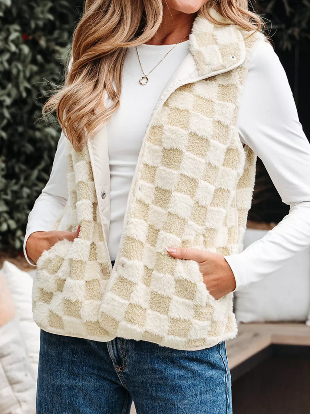 Sherpa Checkerboard Snap Button Vest Coat with Pocket