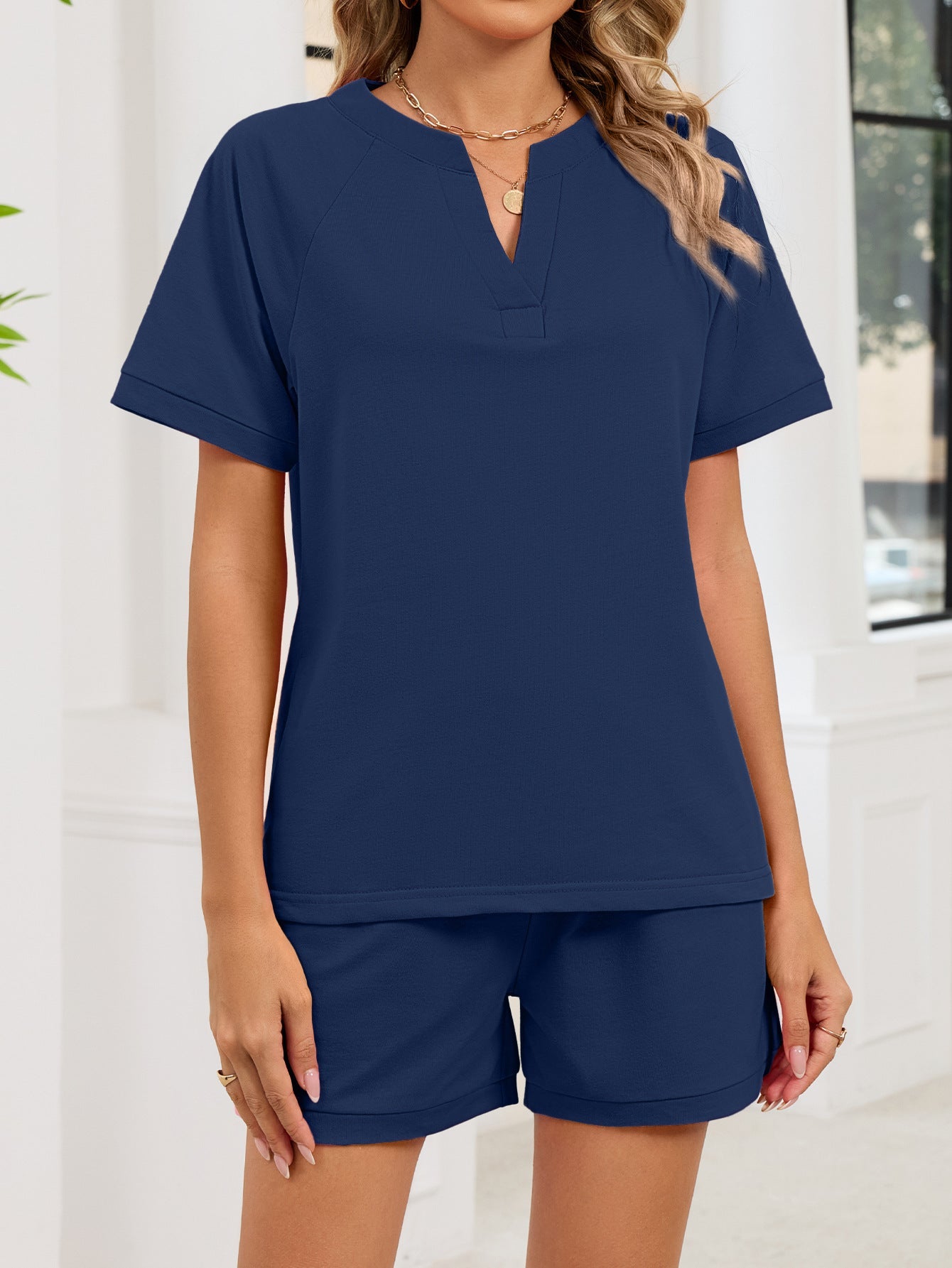 Notched Short Sleeve Top and Shorts Set