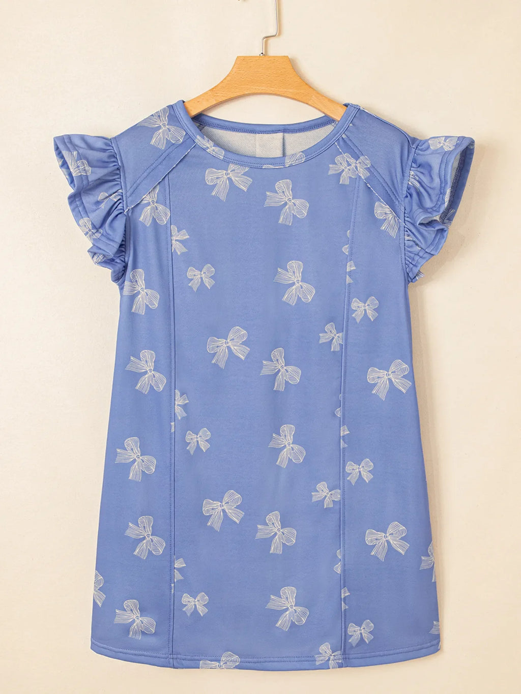 Bow Knot Print Crewneck Ruffled Sleeve Shift Mini Dress