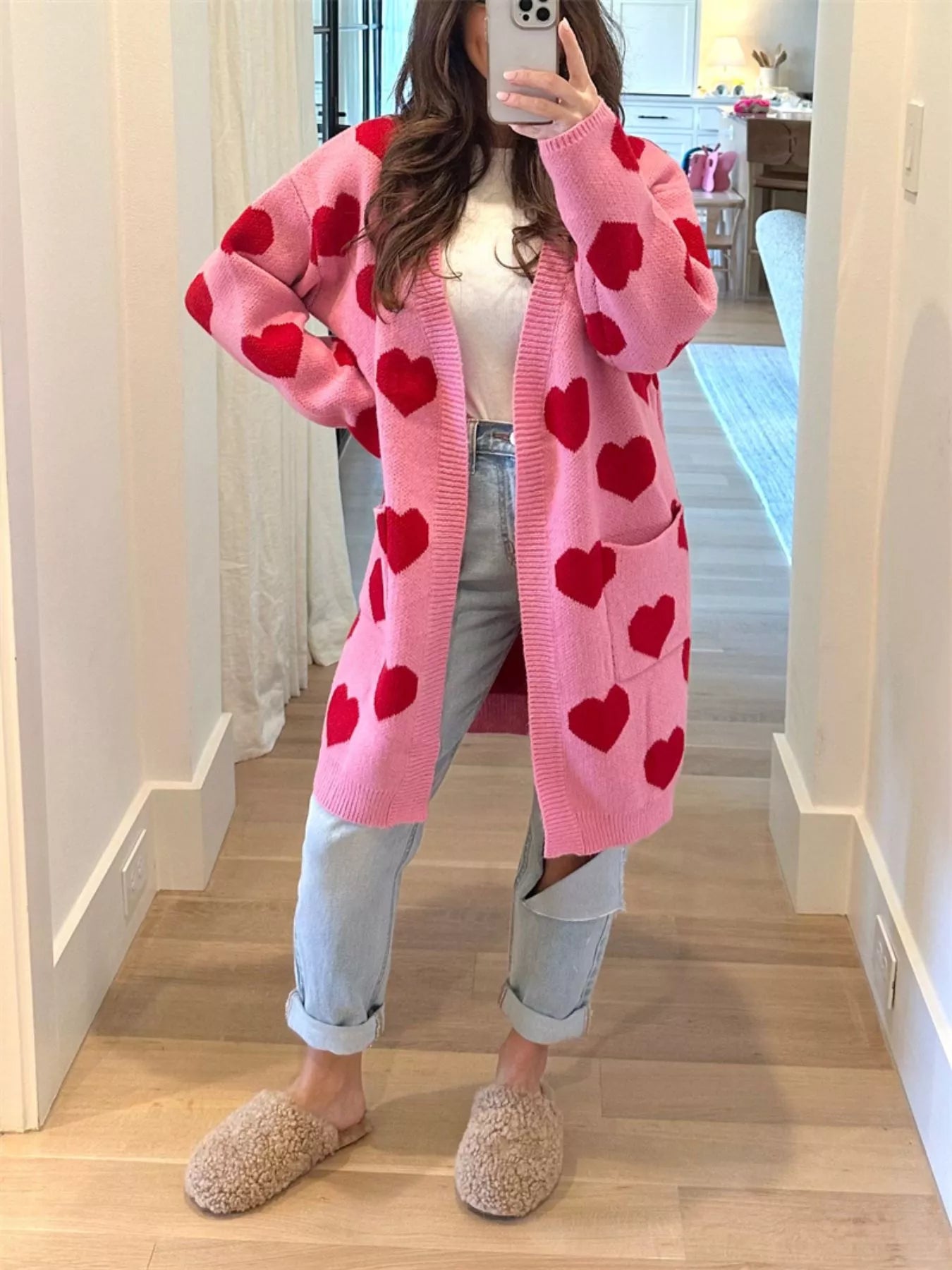 Heart Pattern Open Front Cardigan