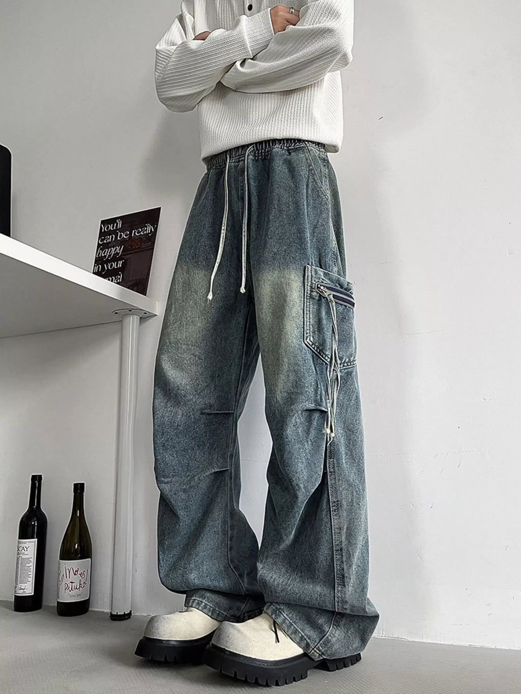 Men's Plus Size Loose Fit Cargo Jeans with Drawstring