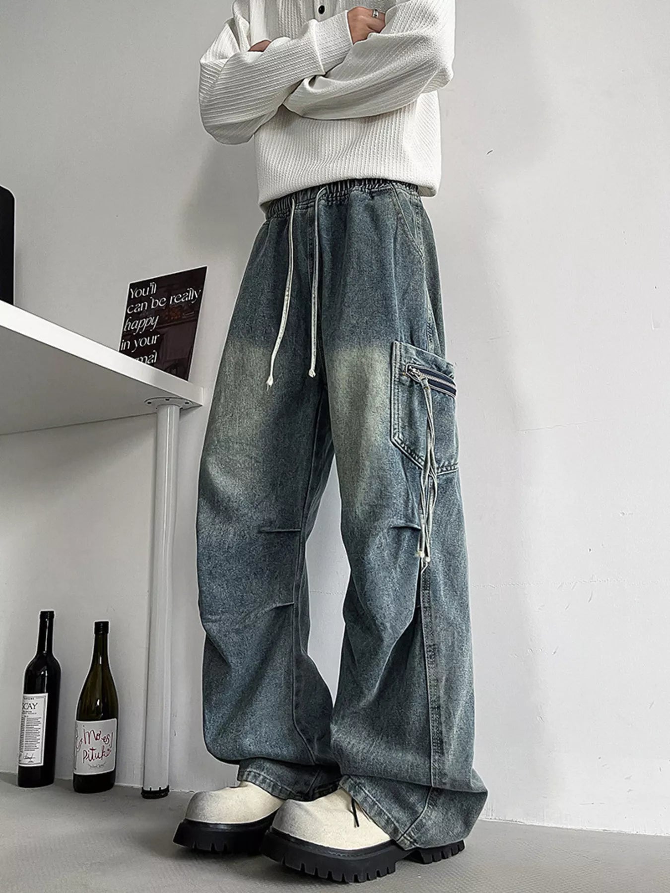 Men's Plus Size Loose Fit Cargo Jeans with Drawstring