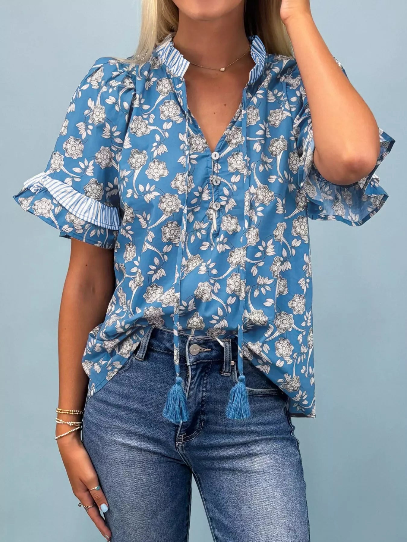 Floral Print Ruffle Sleeve Blouse