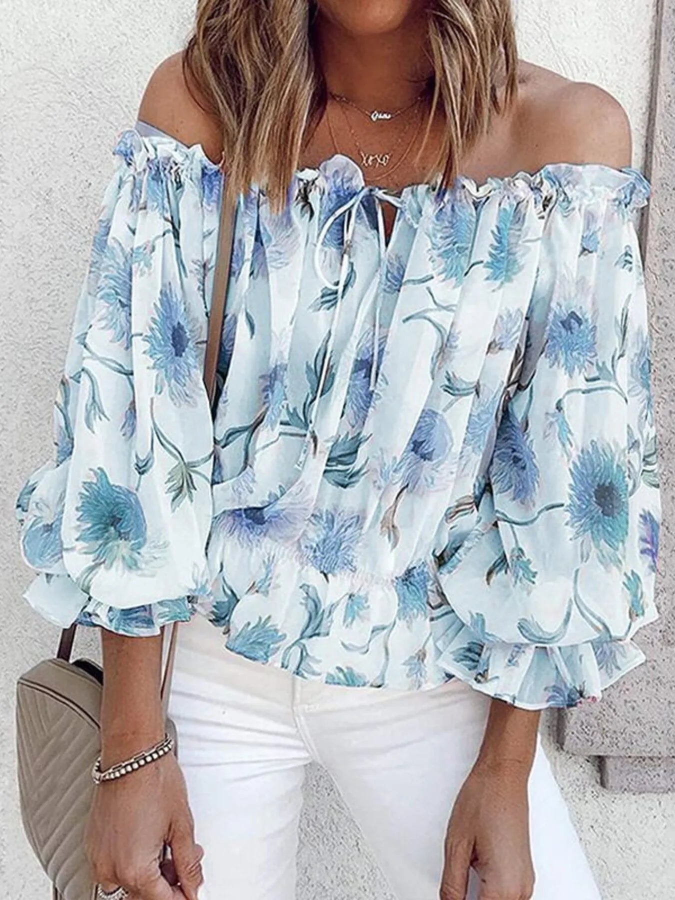 Off-Shoulder Floral Print Blouse