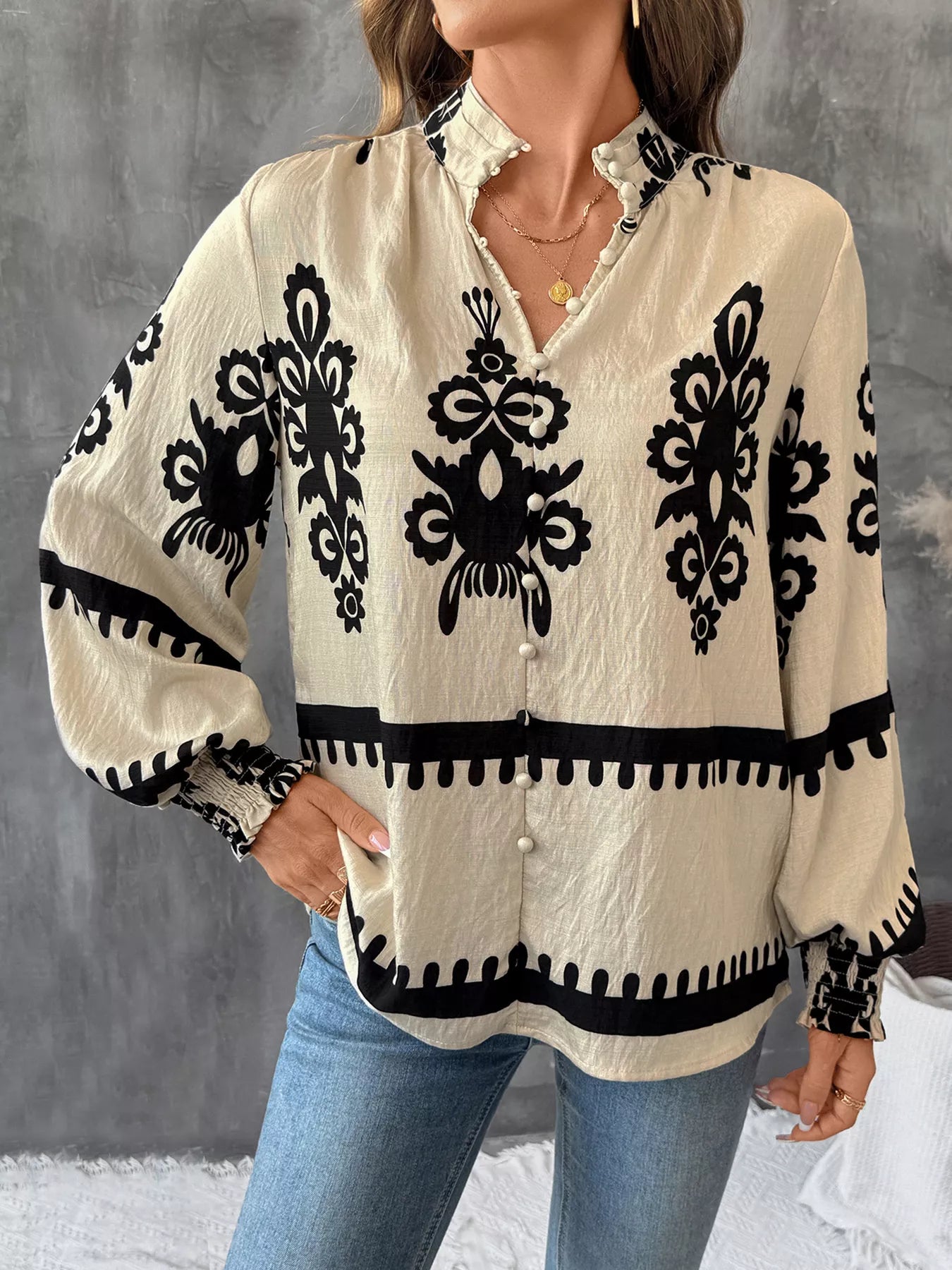Printed Notched Lantern Sleeve Blouse
