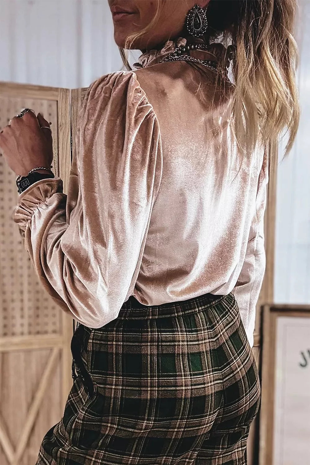 Western Style Long Sleeve Stand Neck Velvet Top