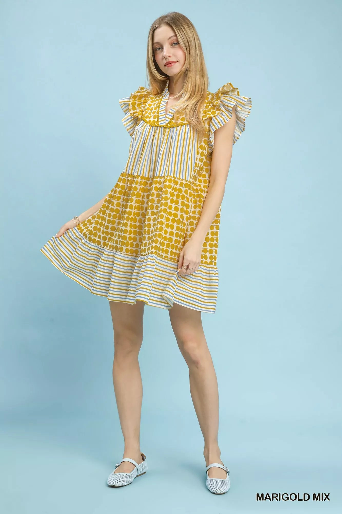 Umgee Mix Patchwork Flutter Sleeve Tiered Dress