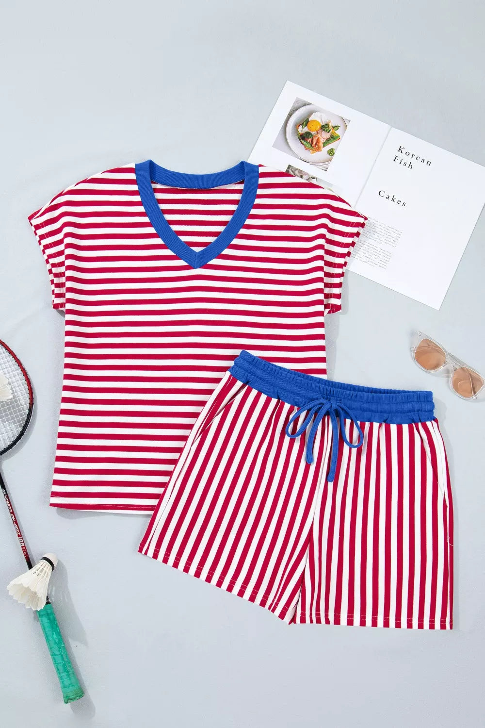 Stripe Colorblock Trim V Neck Tee Drawstring Elastic Waist Shorts Set