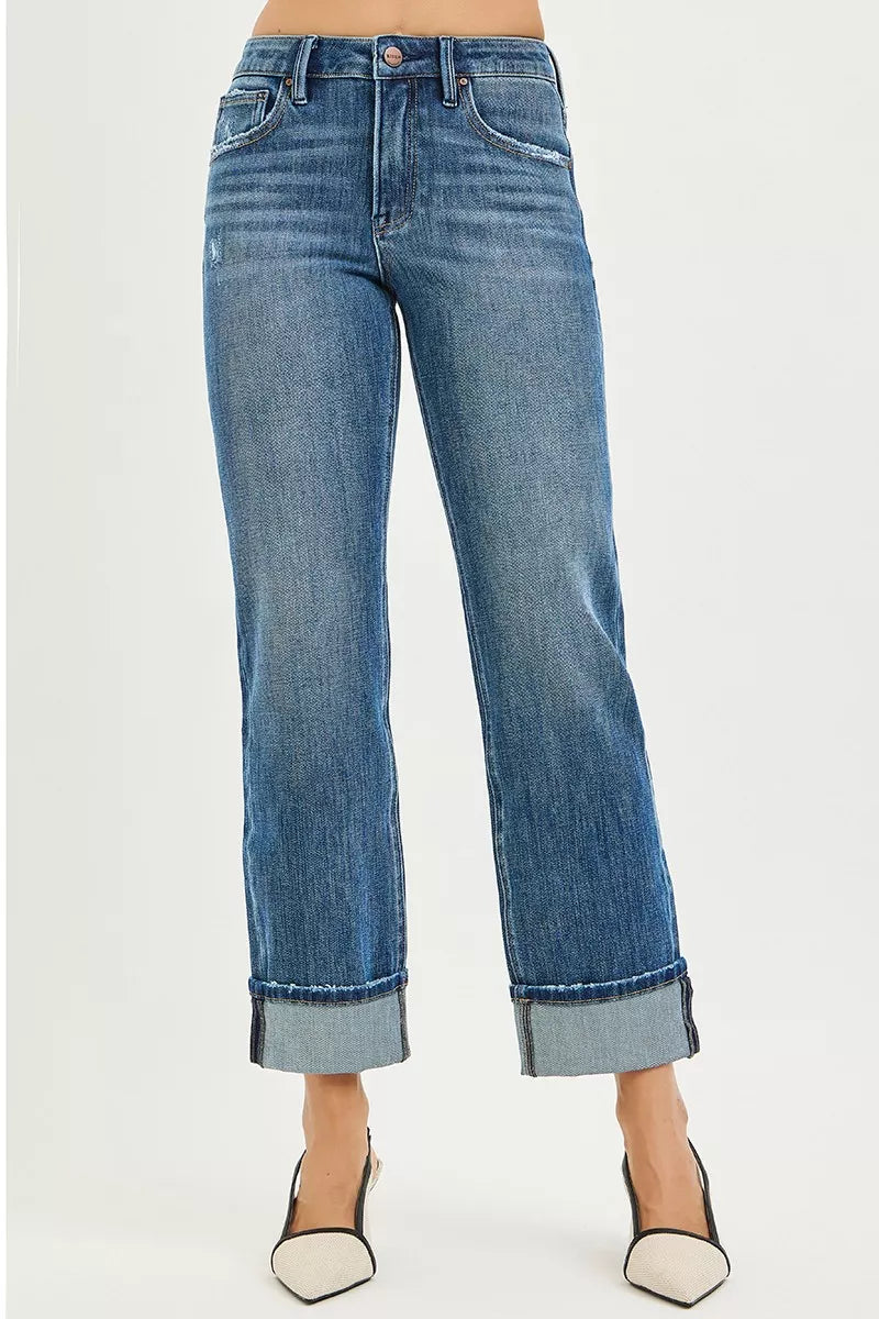 RISEN Full Size 4 Way Stretch Slouchy Straight Jeans with Cuffed Hem Plus Size