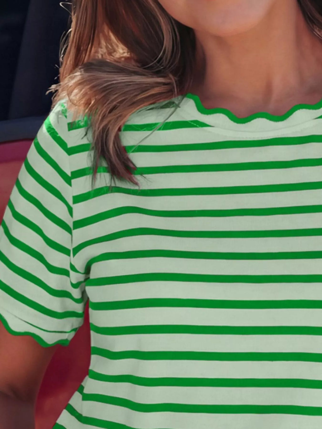 Striped Scallop-Trimmed Round Neck T-Shirt