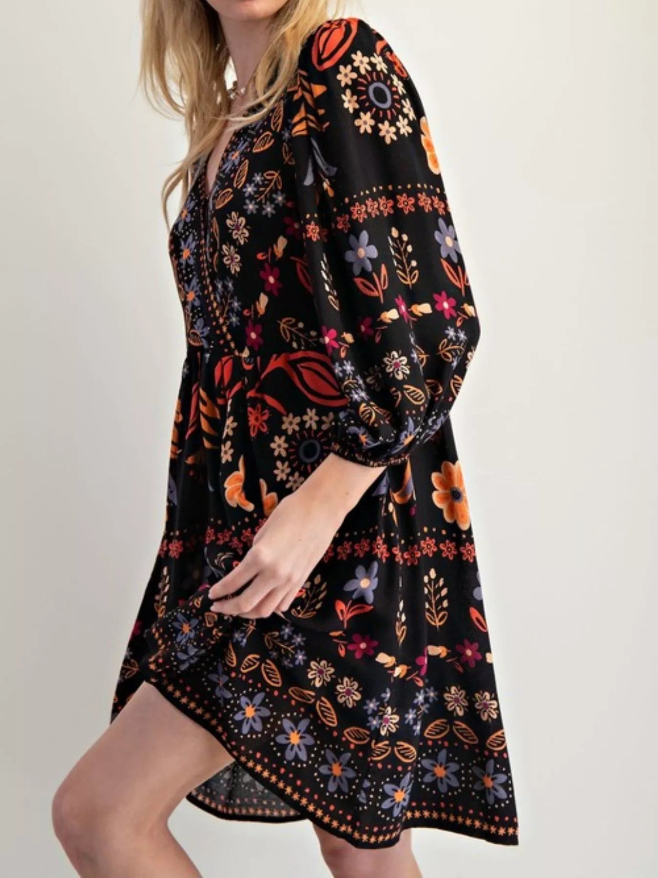 Bohemian Floral Print Long Sleeve Mini Dress