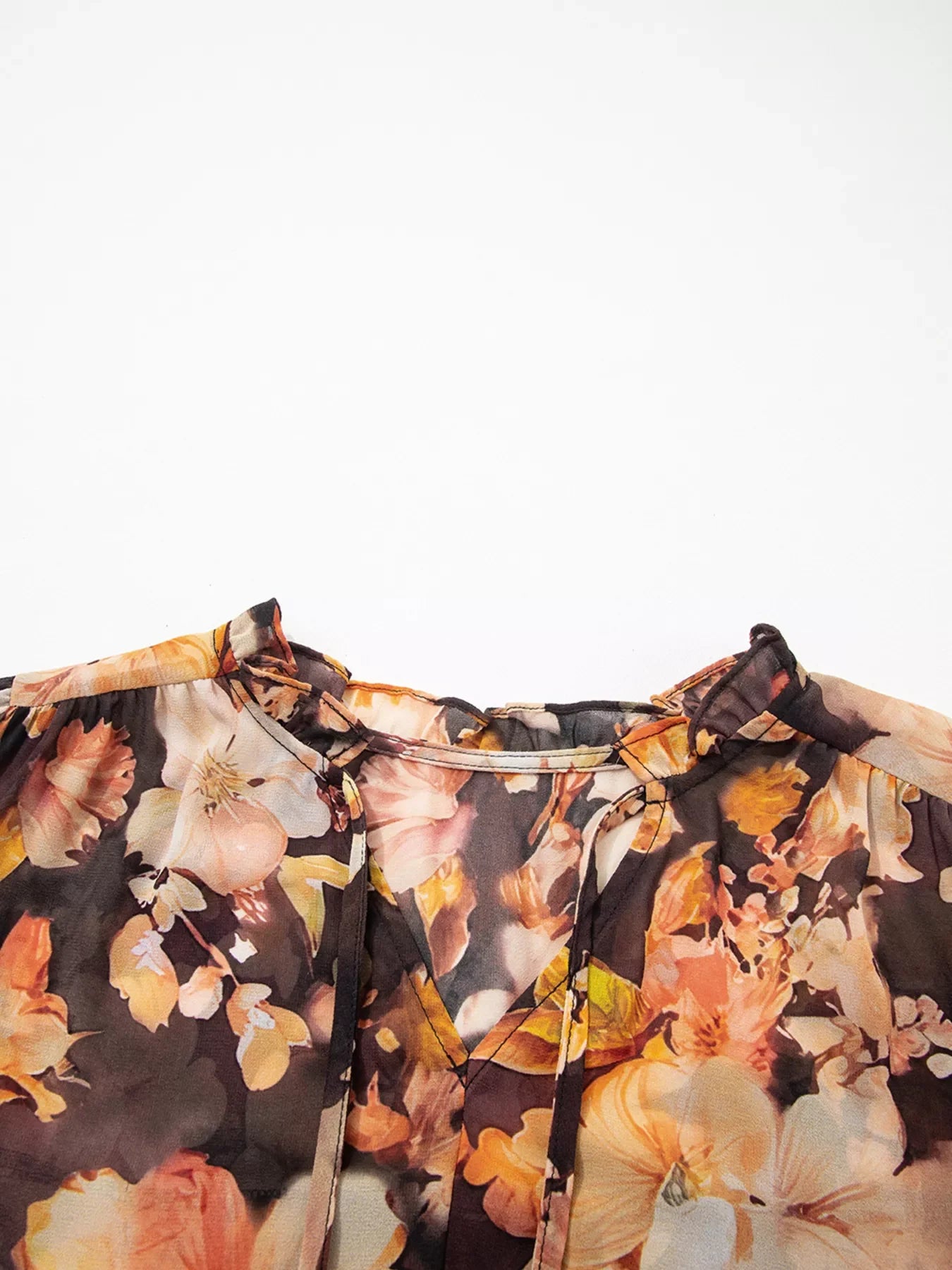 Floral V Neck Long Puff Sleeve Breezy Blouse