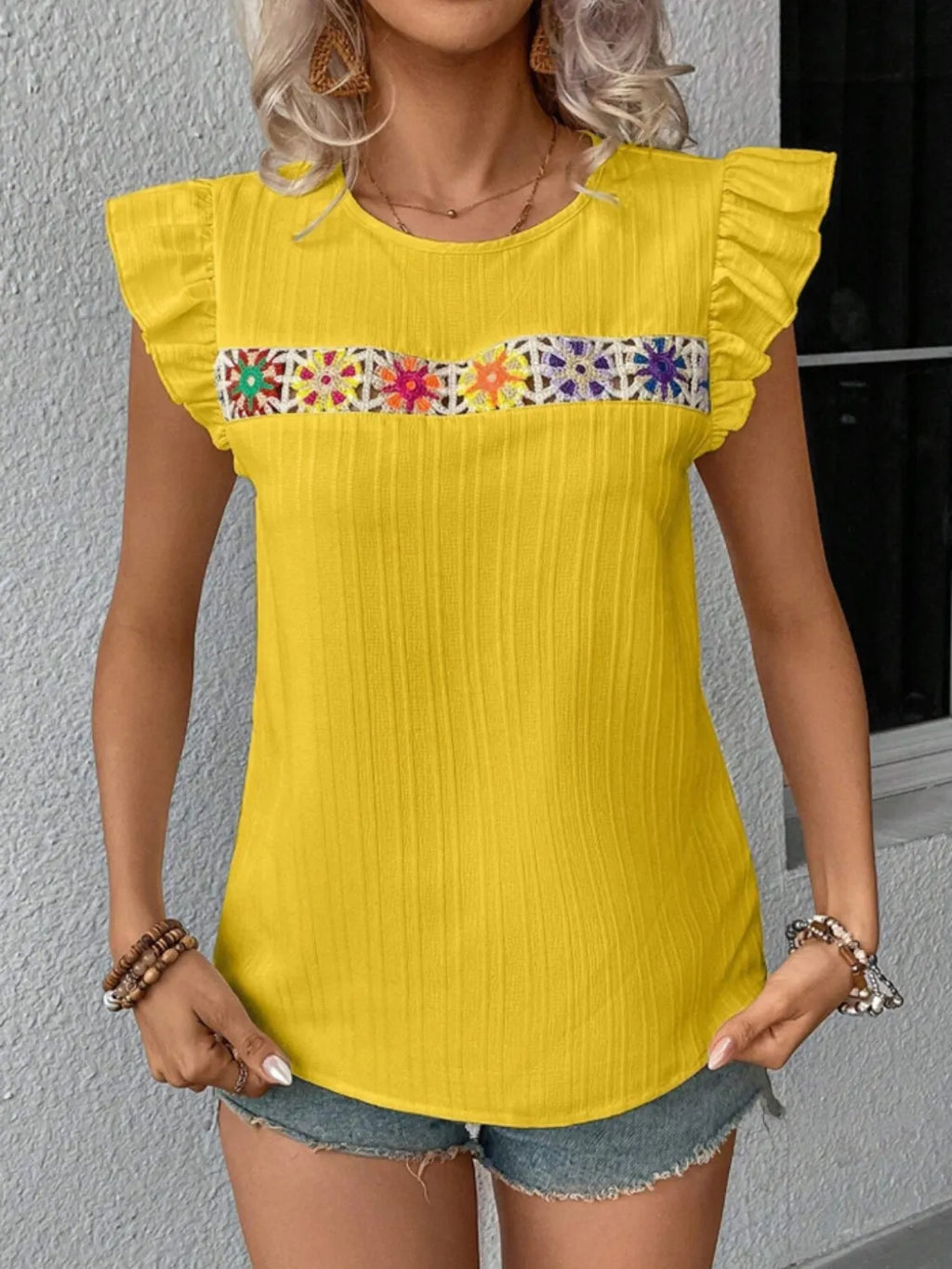 Ruffled Round Neck Cap Sleeve Blouse