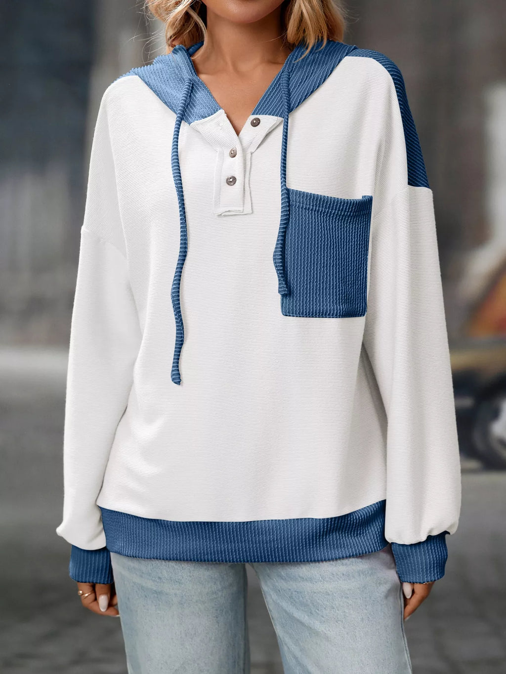 Casual Color Block Button Detail Hoodie