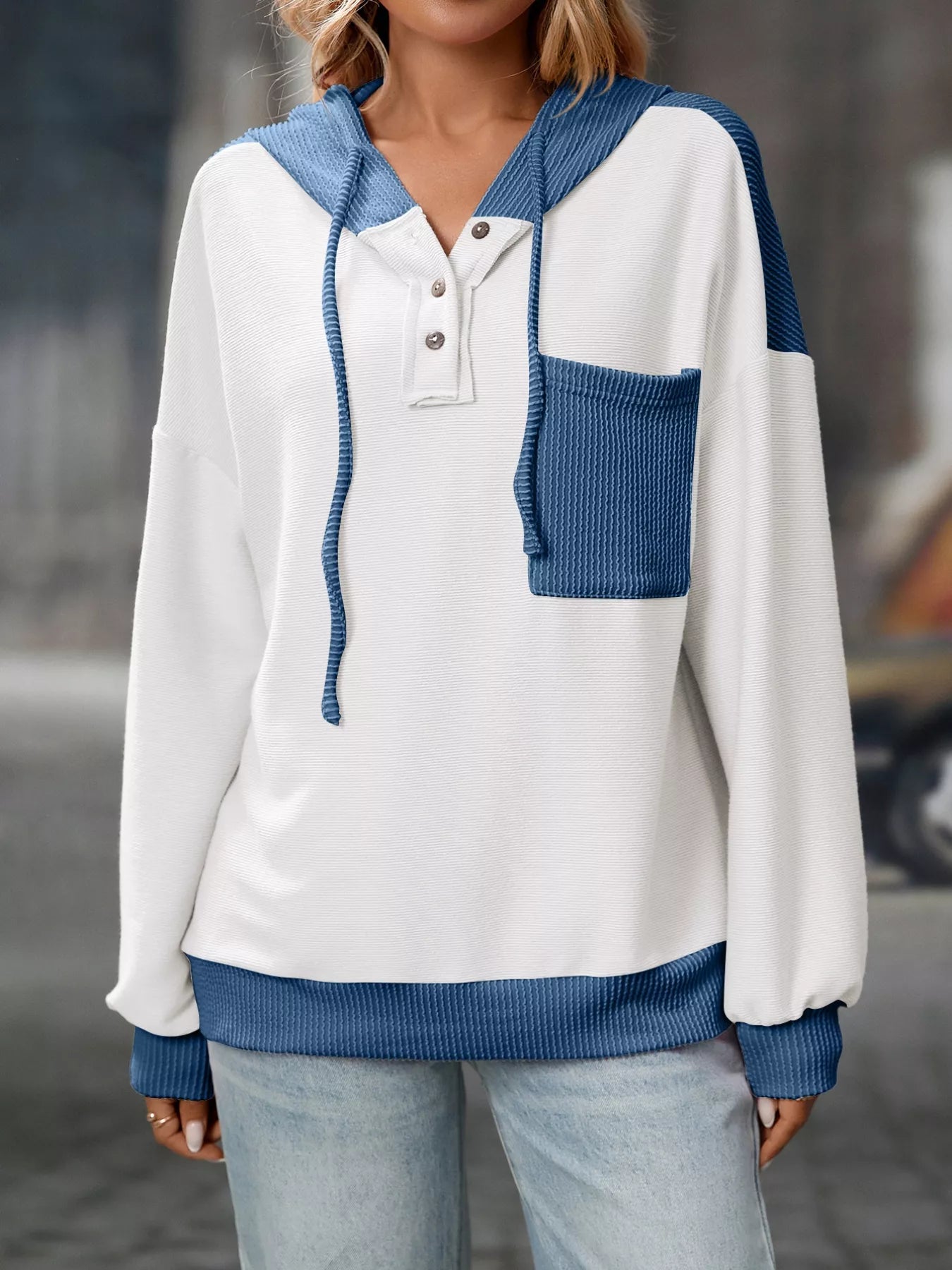 Casual Color Block Button Detail Hoodie