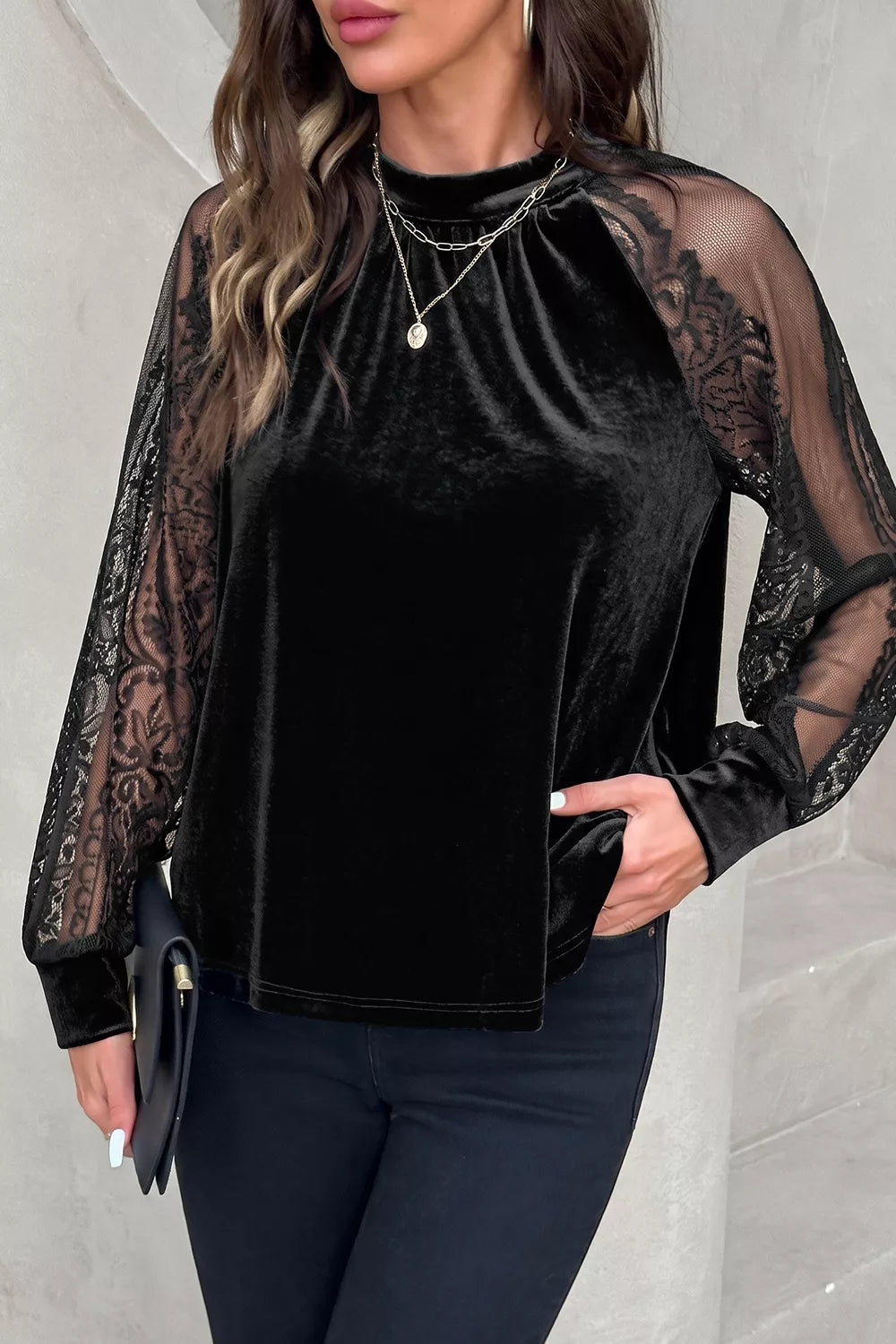 Solid Color Sheer Lace Long Sleeve Patchwork Stand Neck Velvet Blouse