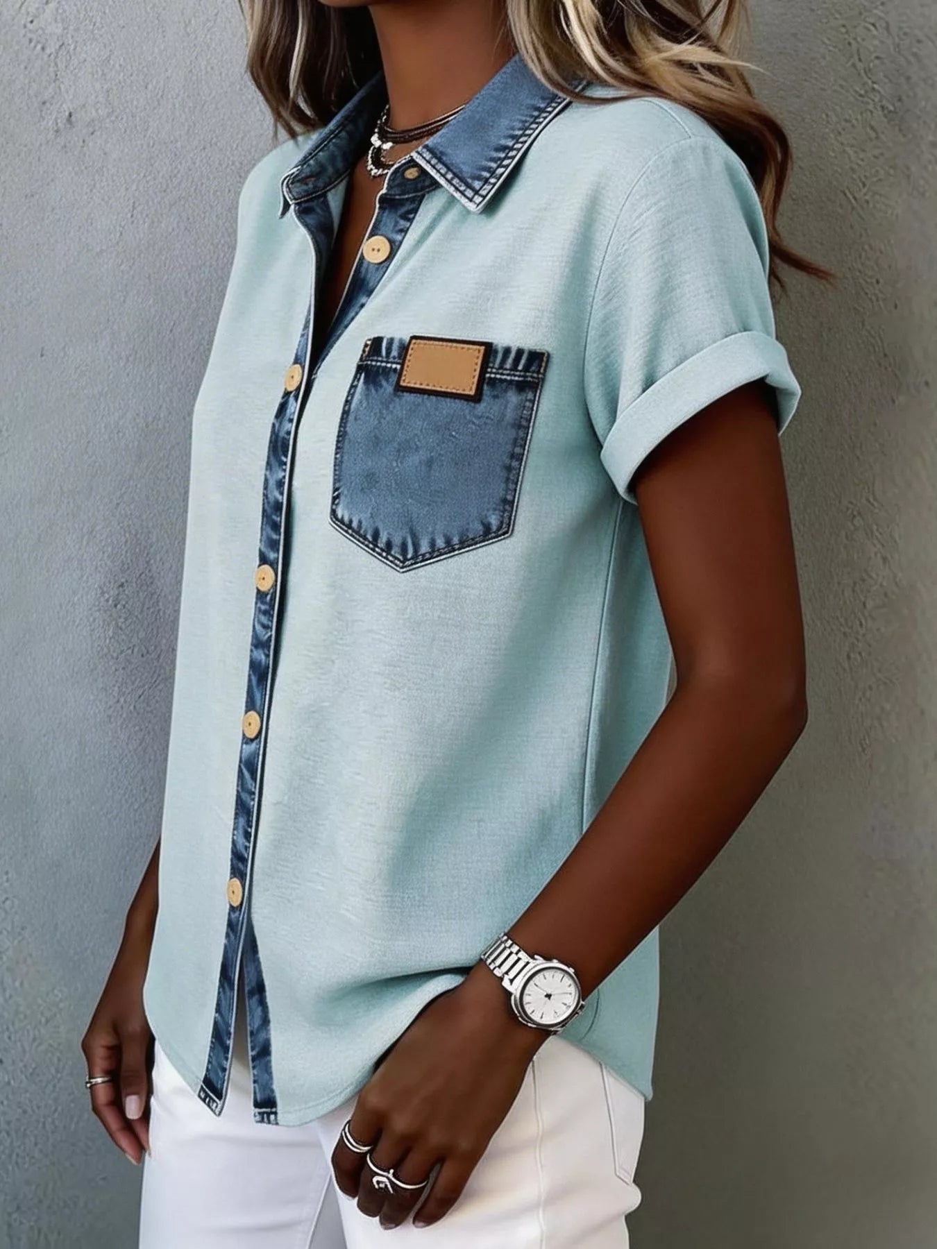 Denim Trim Short Sleeve Shirt