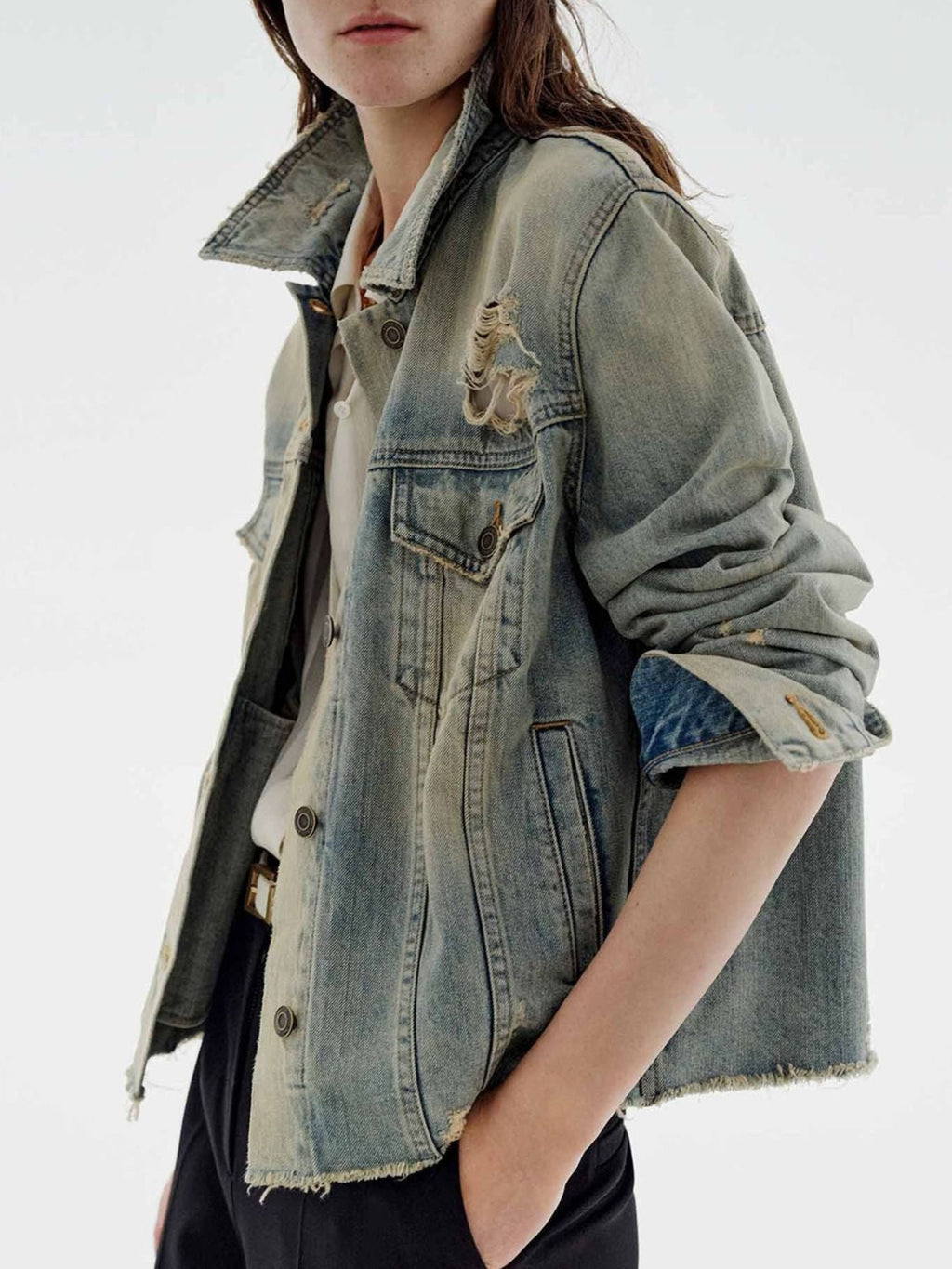 Distressed Wash Button Up Denim Jacket
