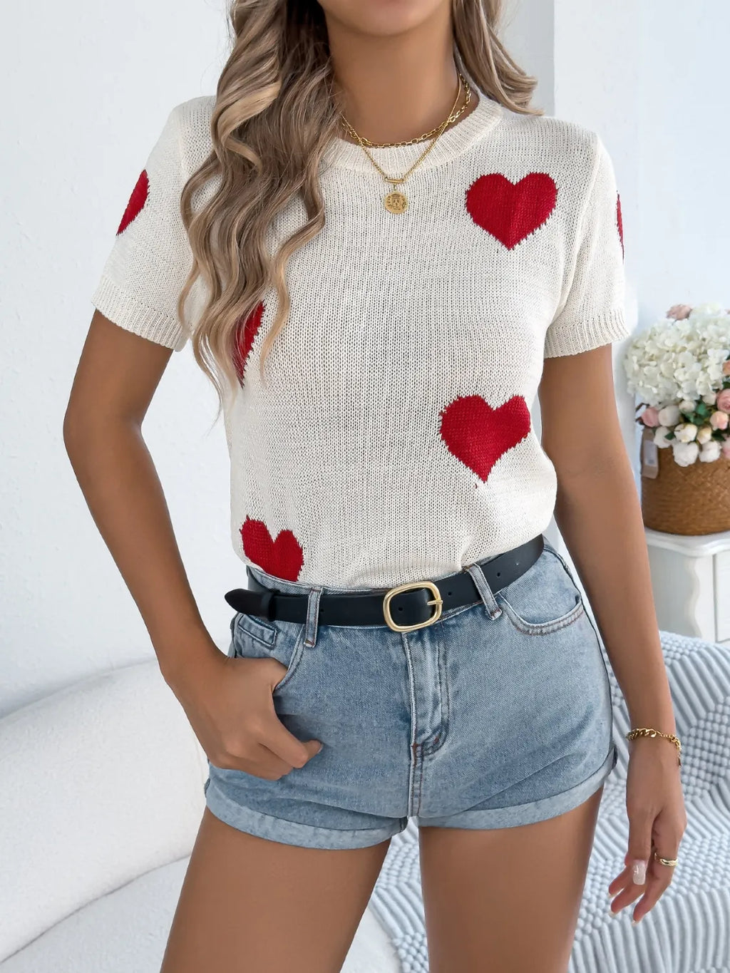 Heart Round Neck Short Sleeve Knit Top