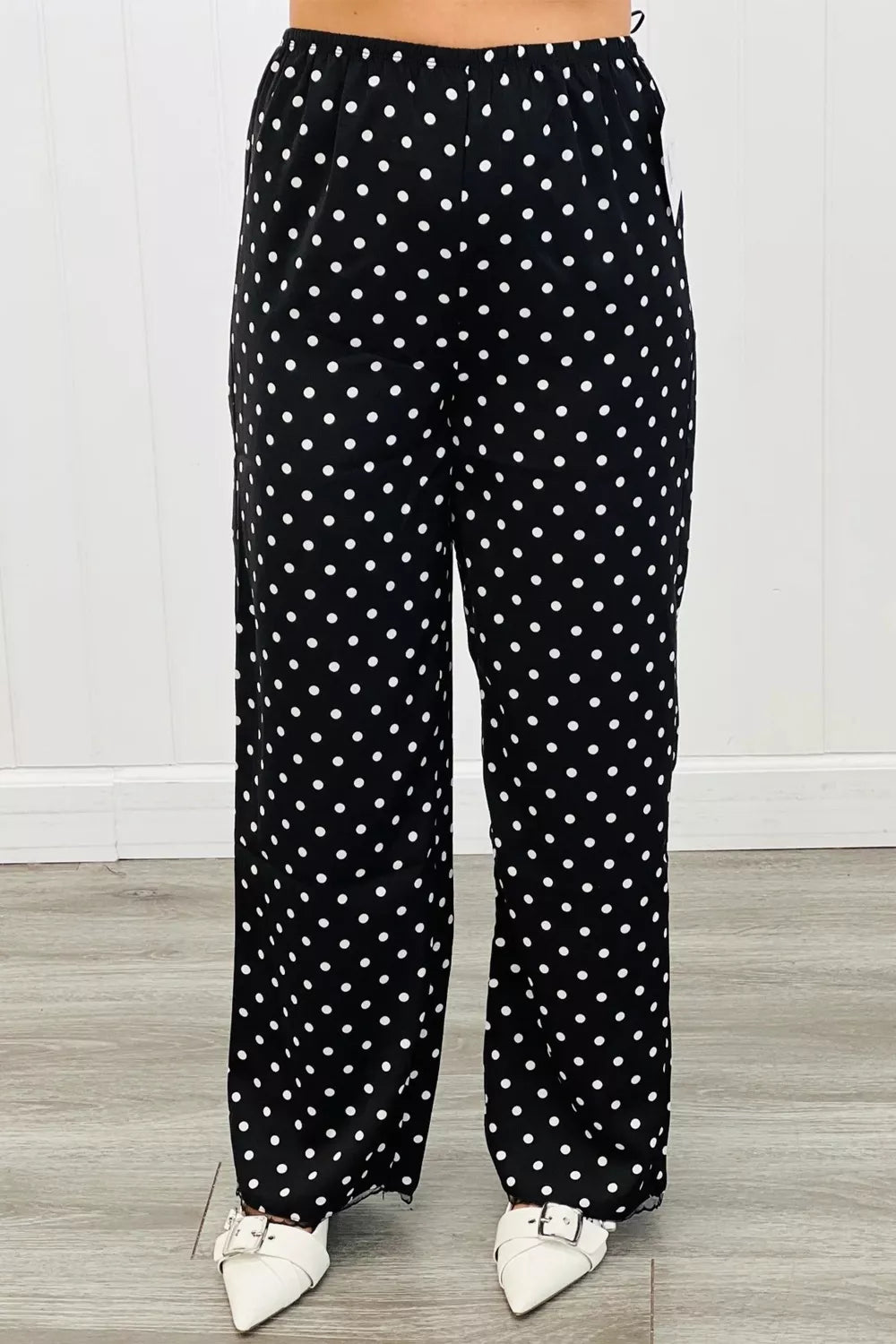 Polka Dot Print Elastic Waist Lace Hem Loose Pants