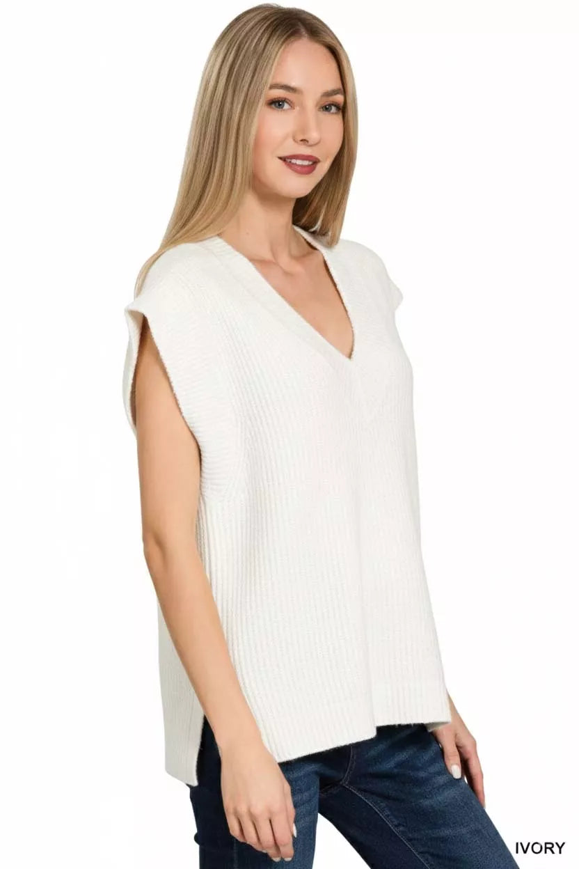 Zenana Ribbed Slit V-Neck Sweater Vest