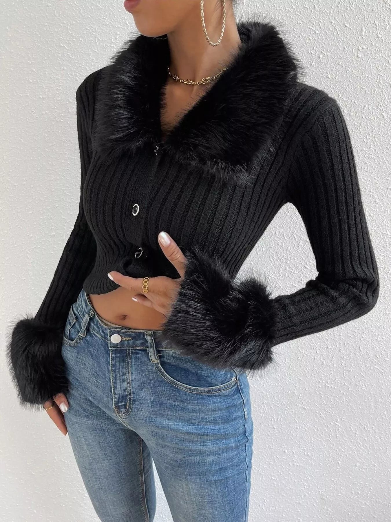 Faux Fur Trim Ribbed Knit Cropped Cardigan